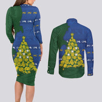 Solomon Islands Christmas Couples Matching Long Sleeve Bodycon Dress and Long Sleeve Button Shirt Seashell Xmas Tree Tribal Waves DT05 - Polynesian Pride