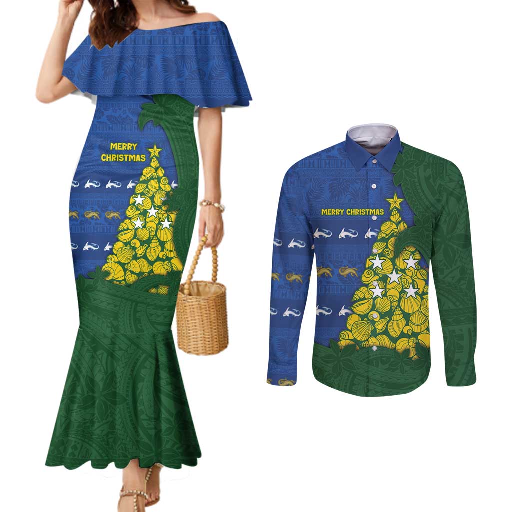 Solomon Islands Christmas Couples Matching Mermaid Dress and Long Sleeve Button Shirt Seashell Xmas Tree Tribal Waves - Polynesian Pride