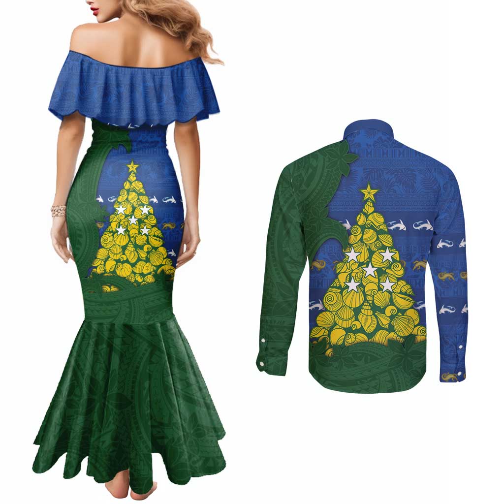 Solomon Islands Christmas Couples Matching Mermaid Dress and Long Sleeve Button Shirt Seashell Xmas Tree Tribal Waves - Polynesian Pride