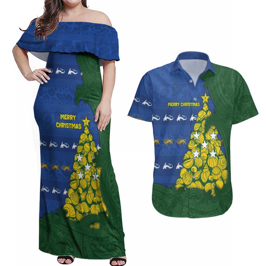 Solomon Islands Christmas Couples Matching Off Shoulder Maxi Dress and Hawaiian Shirt Seashell Xmas Tree Tribal Waves DT05 Navy - Polynesian Pride