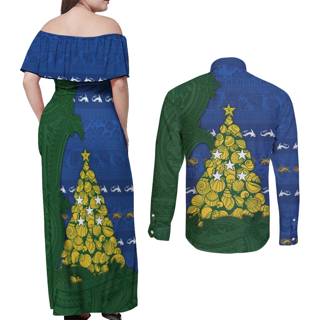 Solomon Islands Christmas Couples Matching Off Shoulder Maxi Dress and Long Sleeve Button Shirt Seashell Xmas Tree Tribal Waves - Polynesian Pride