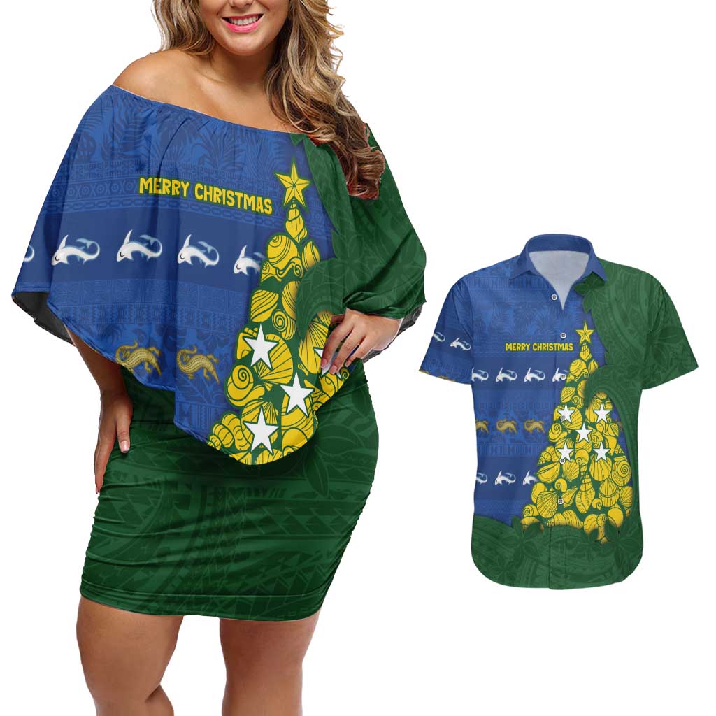Solomon Islands Christmas Couples Matching Off Shoulder Short Dress and Hawaiian Shirt Seashell Xmas Tree Tribal Waves DT05 Navy - Polynesian Pride