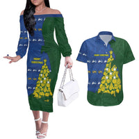 Solomon Islands Christmas Couples Matching Off The Shoulder Long Sleeve Dress and Hawaiian Shirt Seashell Xmas Tree Tribal Waves DT05 Navy - Polynesian Pride