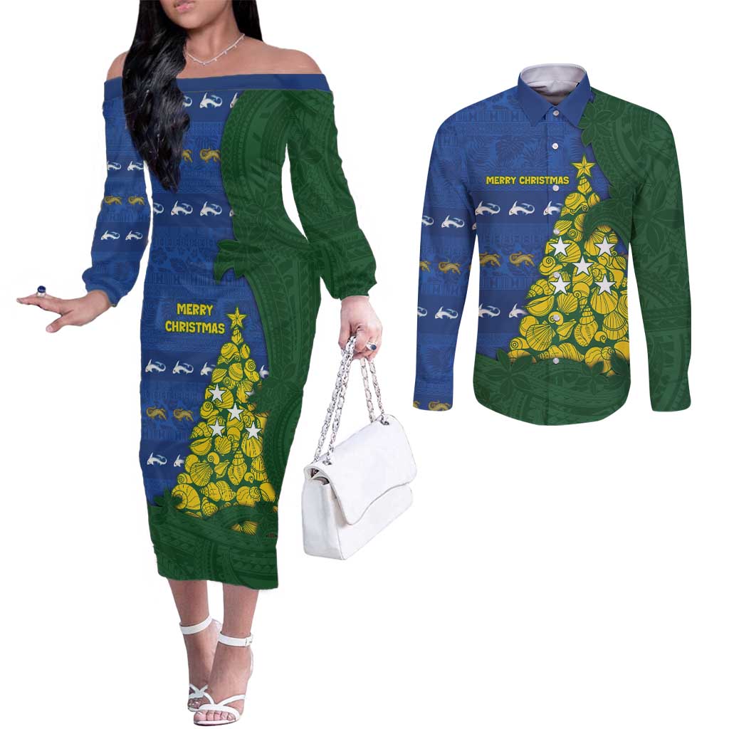 Solomon Islands Christmas Couples Matching Off The Shoulder Long Sleeve Dress and Long Sleeve Button Shirt Seashell Xmas Tree Tribal Waves DT05 Navy - Polynesian Pride