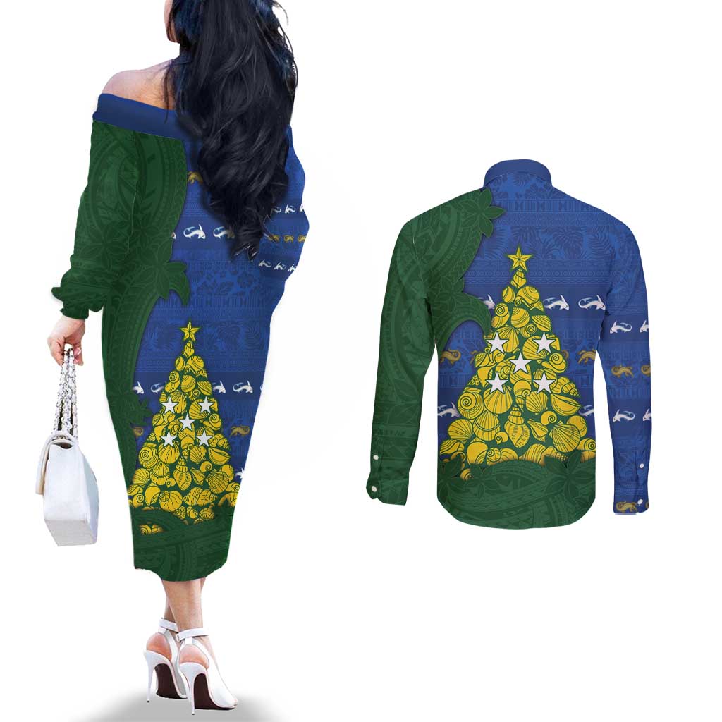 Solomon Islands Christmas Couples Matching Off The Shoulder Long Sleeve Dress and Long Sleeve Button Shirt Seashell Xmas Tree Tribal Waves DT05 - Polynesian Pride