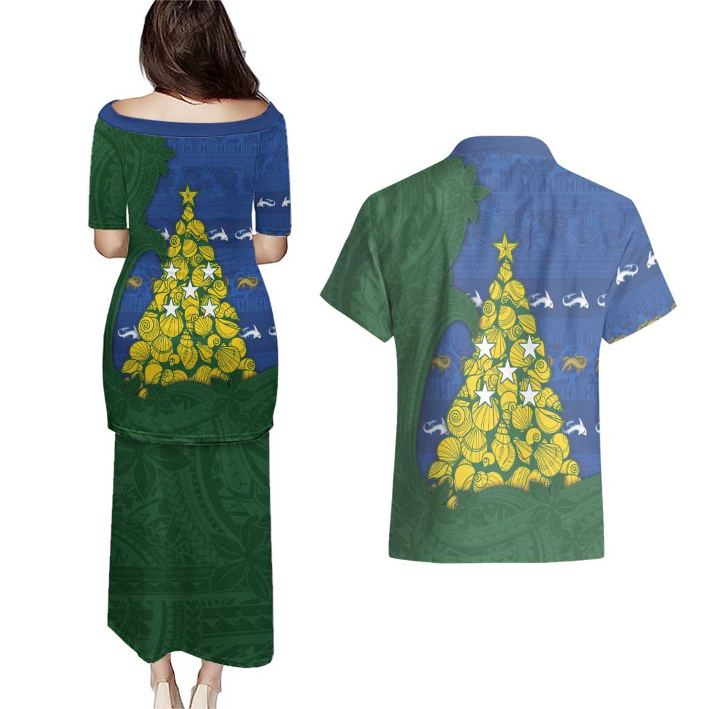 Solomon Islands Christmas Couples Matching Puletasi and Hawaiian Shirt Seashell Xmas Tree Tribal Waves - Polynesian Pride