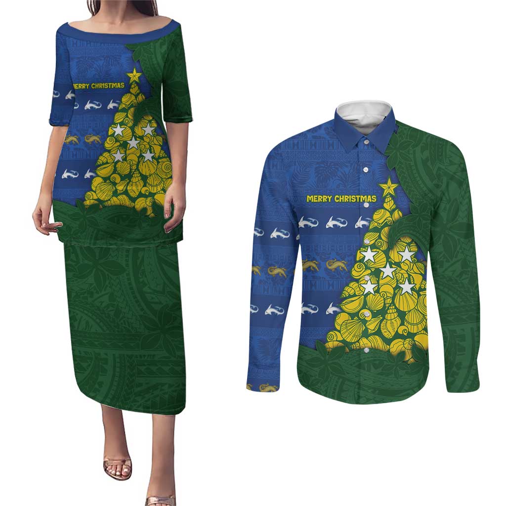 Solomon Islands Christmas Couples Matching Puletasi and Long Sleeve Button Shirt Seashell Xmas Tree Tribal Waves - Polynesian Pride