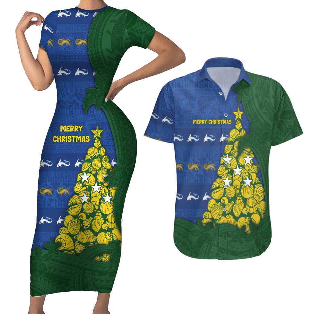 Solomon Islands Christmas Couples Matching Short Sleeve Bodycon Dress and Hawaiian Shirt Seashell Xmas Tree Tribal Waves DT05 Navy - Polynesian Pride