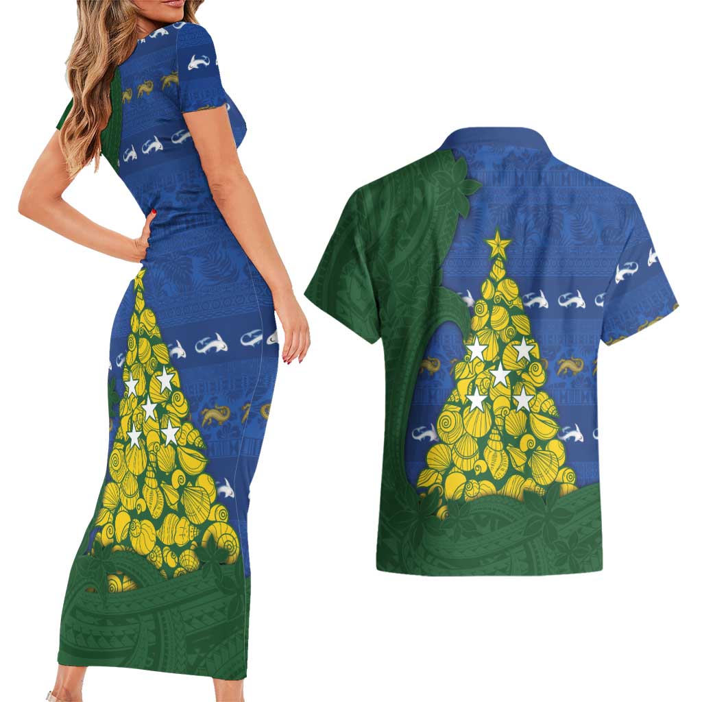 Solomon Islands Christmas Couples Matching Short Sleeve Bodycon Dress and Hawaiian Shirt Seashell Xmas Tree Tribal Waves DT05 - Polynesian Pride