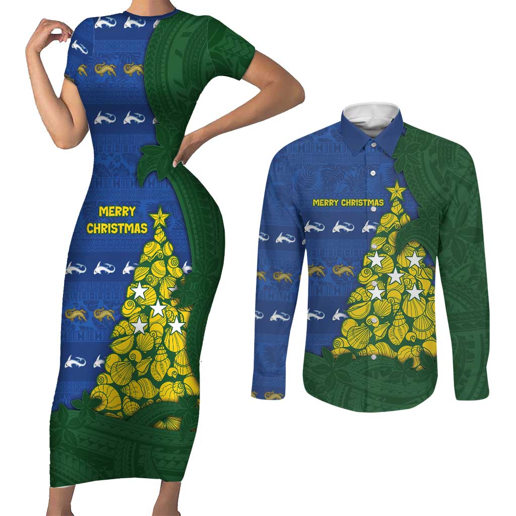 Solomon Islands Christmas Couples Matching Short Sleeve Bodycon Dress and Long Sleeve Button Shirt Seashell Xmas Tree Tribal Waves DT05 Navy - Polynesian Pride