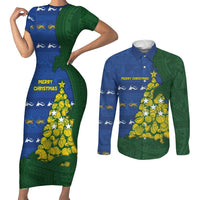 Solomon Islands Christmas Couples Matching Short Sleeve Bodycon Dress and Long Sleeve Button Shirt Seashell Xmas Tree Tribal Waves DT05 Navy - Polynesian Pride
