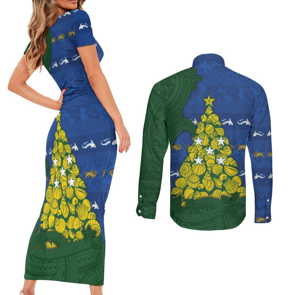 Solomon Islands Christmas Couples Matching Short Sleeve Bodycon Dress and Long Sleeve Button Shirt Seashell Xmas Tree Tribal Waves DT05 - Polynesian Pride