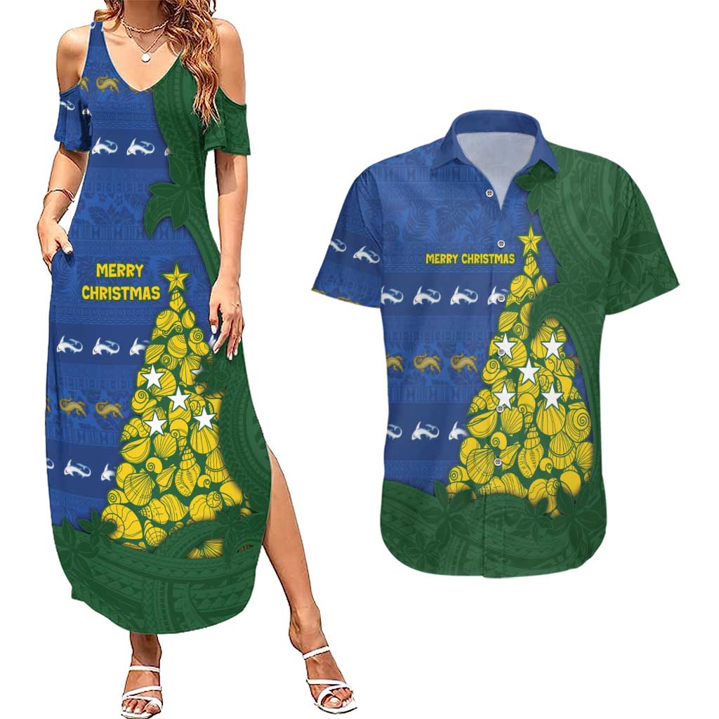 Solomon Islands Christmas Couples Matching Summer Maxi Dress and Hawaiian Shirt Seashell Xmas Tree Tribal Waves DT05 Navy - Polynesian Pride