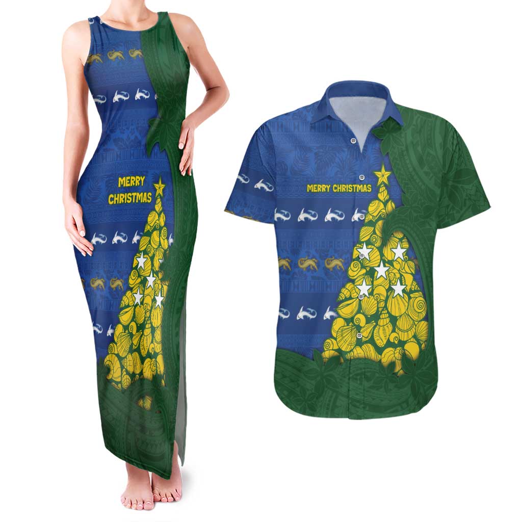 Solomon Islands Christmas Couples Matching Tank Maxi Dress and Hawaiian Shirt Seashell Xmas Tree Tribal Waves - Polynesian Pride