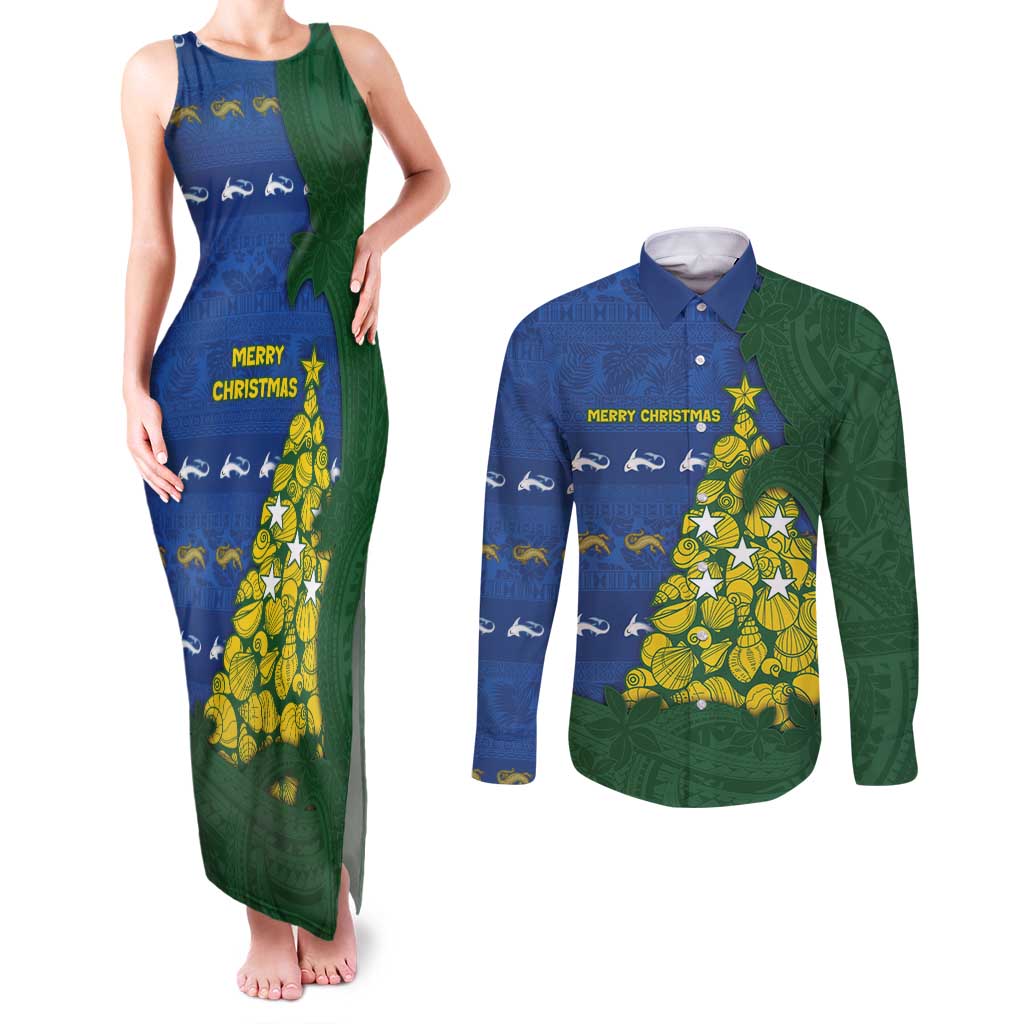 Solomon Islands Christmas Couples Matching Tank Maxi Dress and Long Sleeve Button Shirt Seashell Xmas Tree Tribal Waves - Polynesian Pride