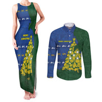 Solomon Islands Christmas Couples Matching Tank Maxi Dress and Long Sleeve Button Shirt Seashell Xmas Tree Tribal Waves - Polynesian Pride