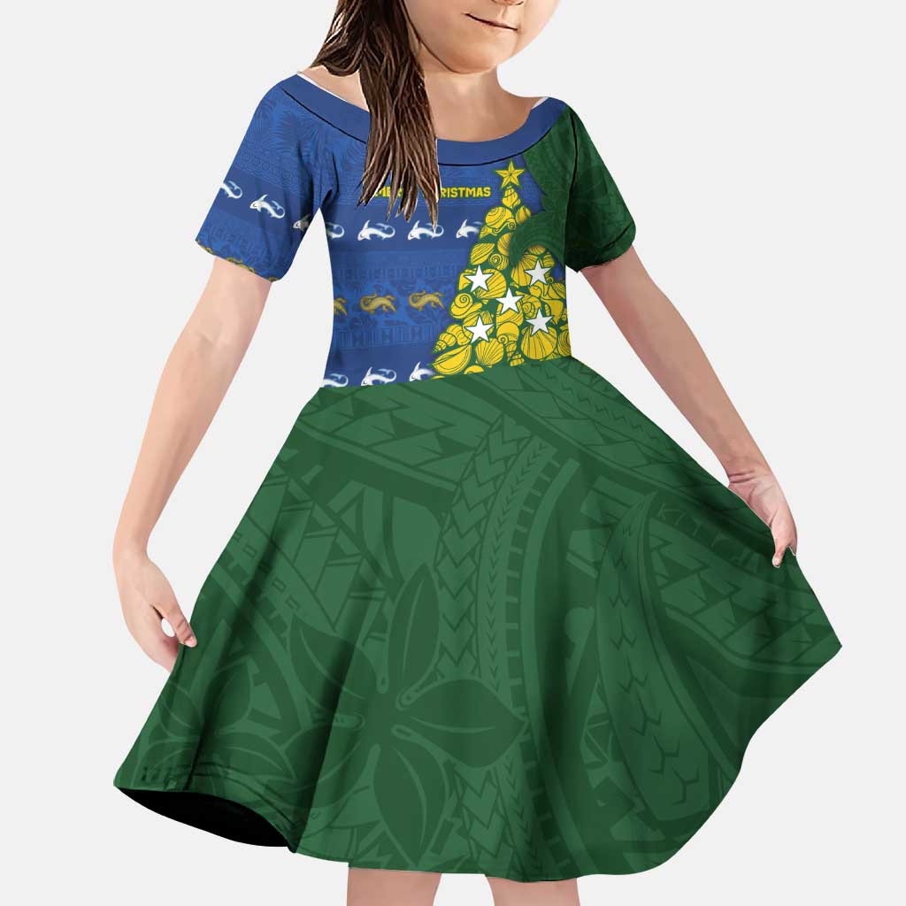 Solomon Islands Christmas Family Matching Long Sleeve Bodycon Dress and Hawaiian Shirt Seashell Xmas Tree Tribal Waves DT05 Daughter's Dress Navy - Polynesian Pride