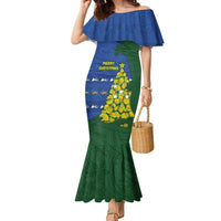 Solomon Islands Christmas Family Matching Mermaid Dress and Hawaiian Shirt Seashell Xmas Tree Tribal Waves DT05 Mom's Dress Navy - Polynesian Pride