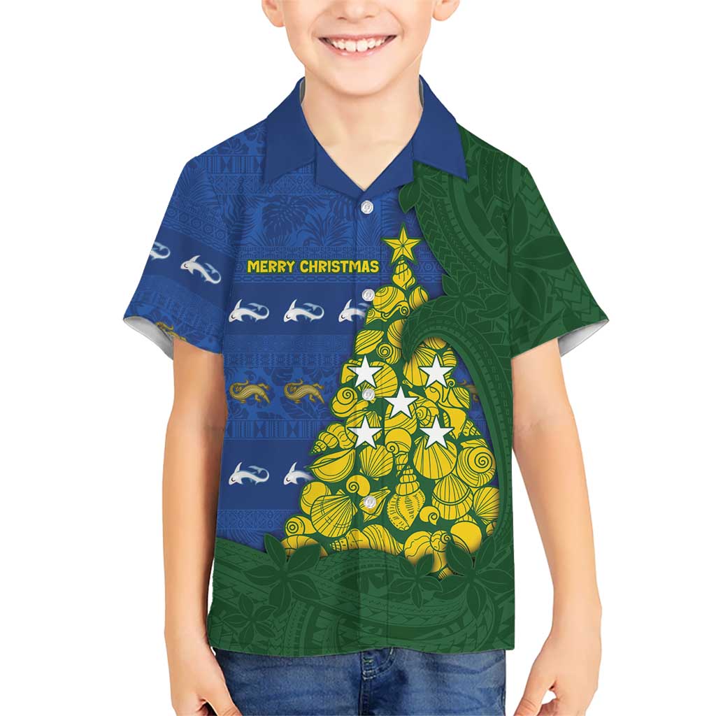 Solomon Islands Christmas Family Matching Mermaid Dress and Hawaiian Shirt Seashell Xmas Tree Tribal Waves DT05 Son's Shirt Navy - Polynesian Pride