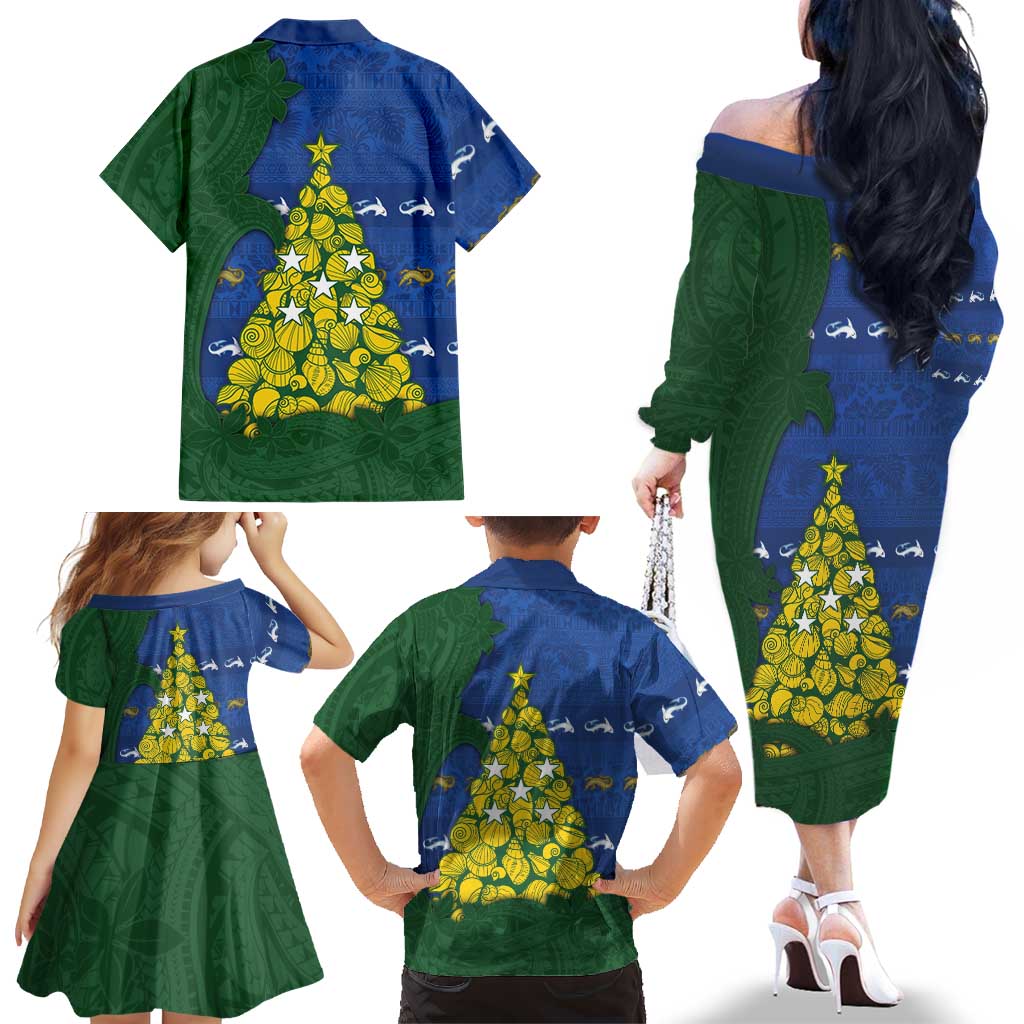 Solomon Islands Christmas Family Matching Off The Shoulder Long Sleeve Dress and Hawaiian Shirt Seashell Xmas Tree Tribal Waves DT05 - Polynesian Pride