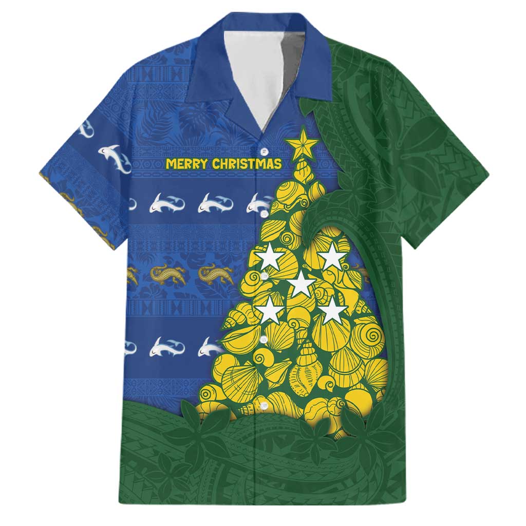 Solomon Islands Christmas Family Matching Off The Shoulder Long Sleeve Dress and Hawaiian Shirt Seashell Xmas Tree Tribal Waves DT05 Dad's Shirt - Short Sleeve Navy - Polynesian Pride