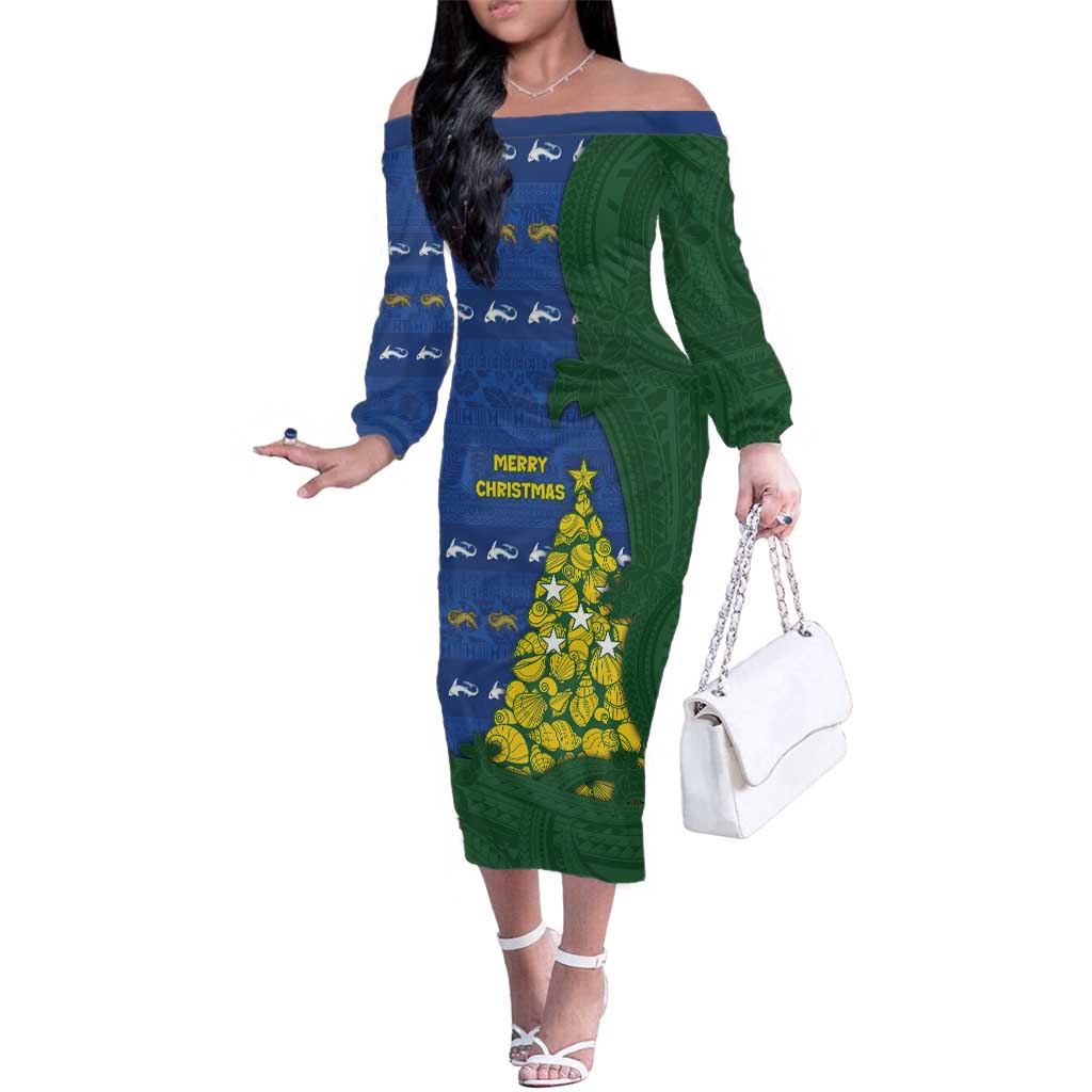 Solomon Islands Christmas Family Matching Off The Shoulder Long Sleeve Dress and Hawaiian Shirt Seashell Xmas Tree Tribal Waves DT05 Mom's Dress Navy - Polynesian Pride