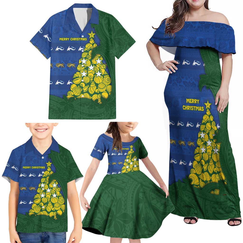 Solomon Islands Christmas Family Matching Off Shoulder Maxi Dress and Hawaiian Shirt Seashell Xmas Tree Tribal Waves - Polynesian Pride