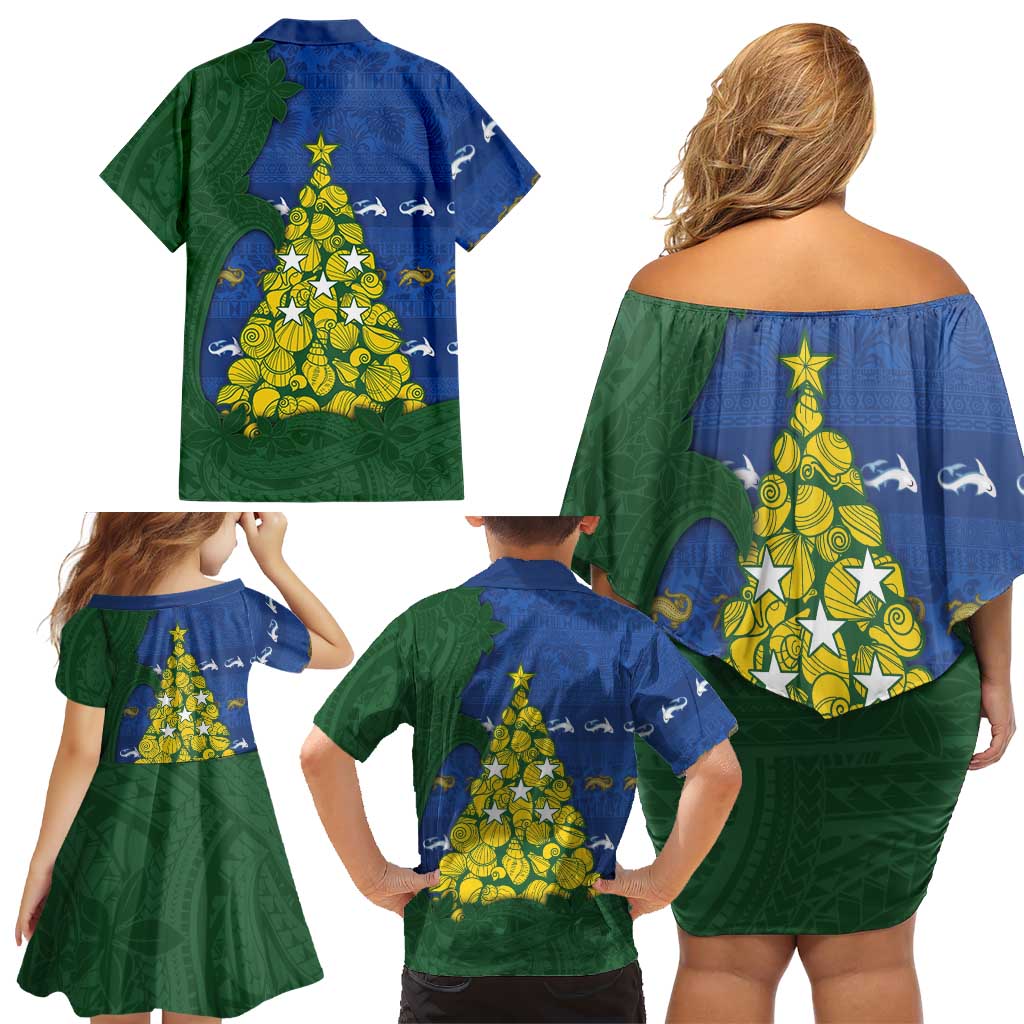 Solomon Islands Christmas Family Matching Off Shoulder Short Dress and Hawaiian Shirt Seashell Xmas Tree Tribal Waves DT05 - Polynesian Pride