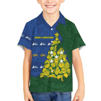 Solomon Islands Christmas Family Matching Off Shoulder Short Dress and Hawaiian Shirt Seashell Xmas Tree Tribal Waves DT05 Son's Shirt Navy - Polynesian Pride