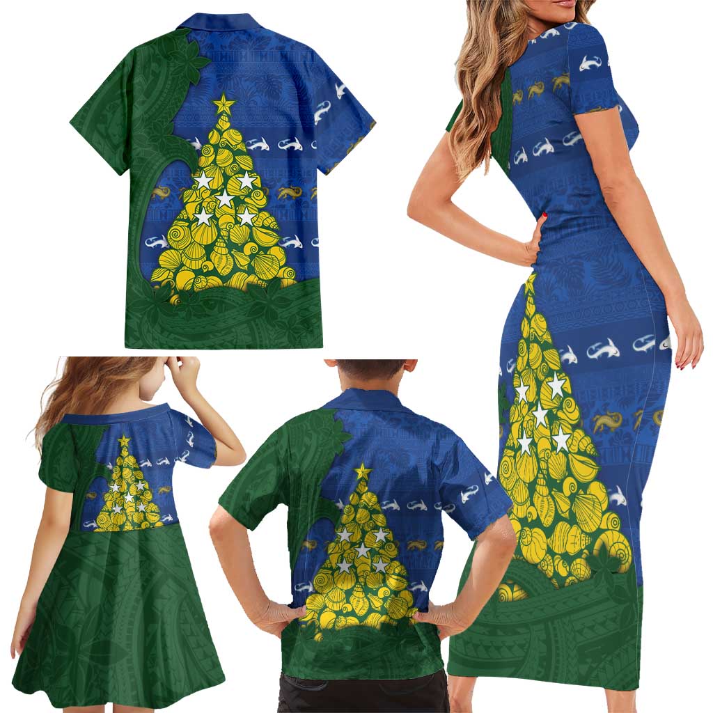 Solomon Islands Christmas Family Matching Short Sleeve Bodycon Dress and Hawaiian Shirt Seashell Xmas Tree Tribal Waves DT05 - Polynesian Pride