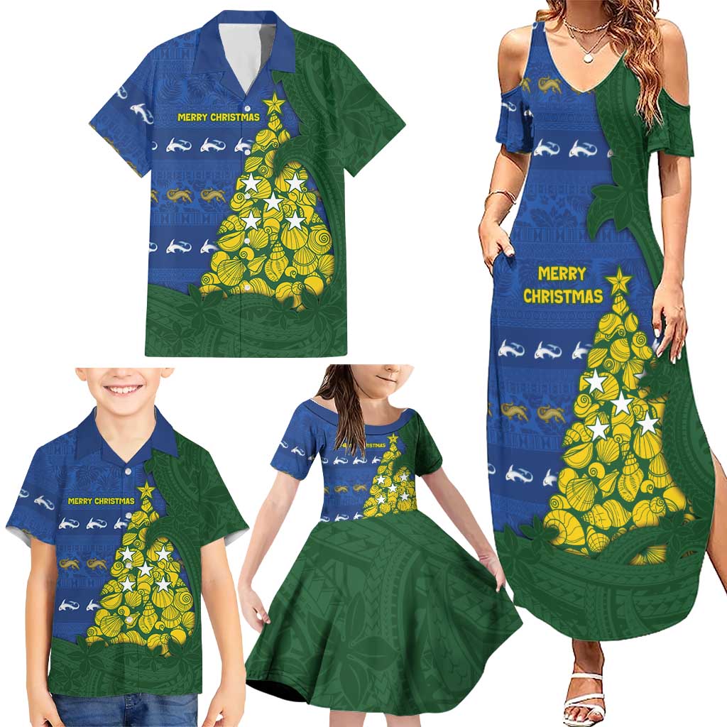 Solomon Islands Christmas Family Matching Summer Maxi Dress and Hawaiian Shirt Seashell Xmas Tree Tribal Waves DT05 - Polynesian Pride