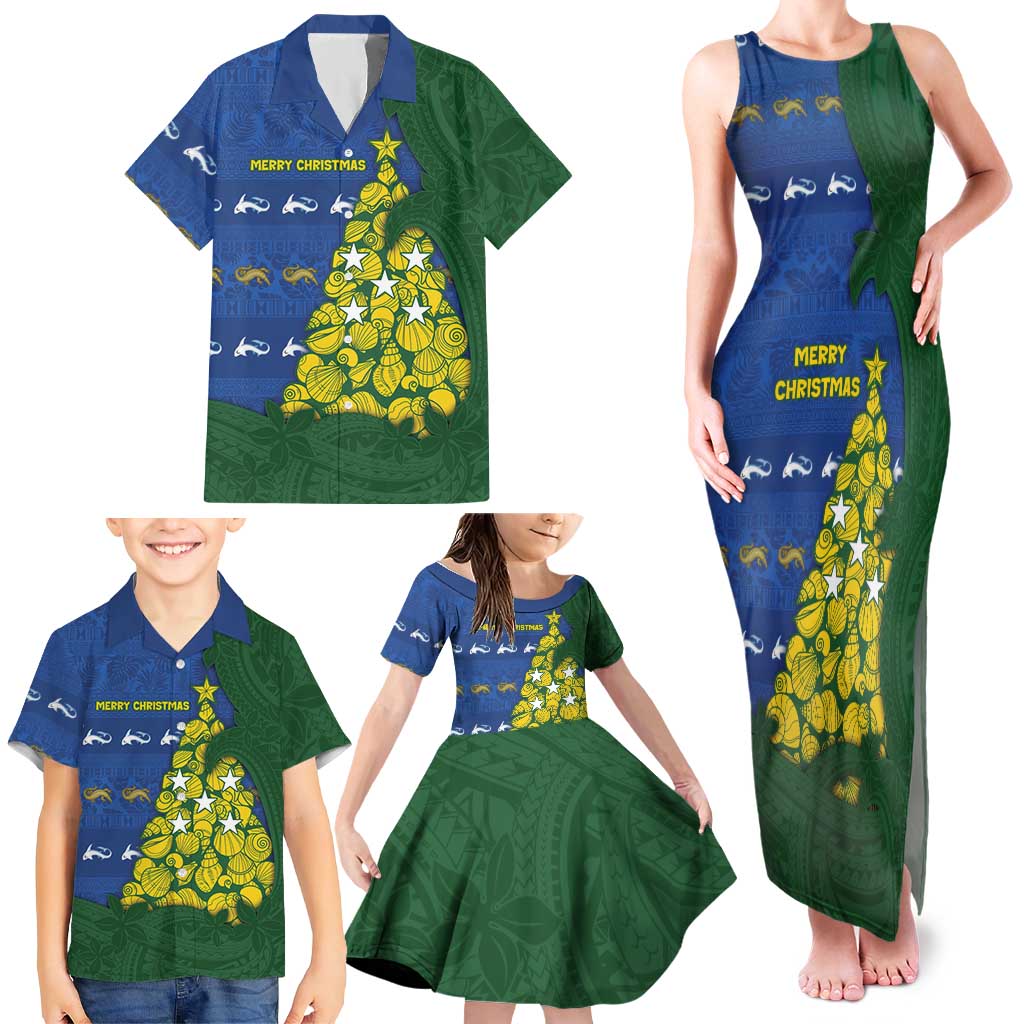 Solomon Islands Christmas Family Matching Tank Maxi Dress and Hawaiian Shirt Seashell Xmas Tree Tribal Waves DT05 - Polynesian Pride