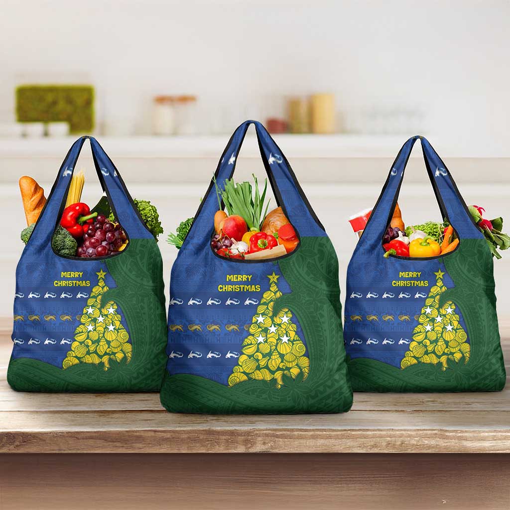 Solomon Islands Christmas Grocery Bag Seashell Xmas Tree Tribal Waves - Polynesian Pride