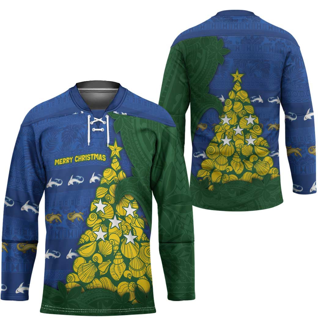 Solomon Islands Christmas Hockey Jersey Seashell Xmas Tree Tribal Waves - Polynesian Pride