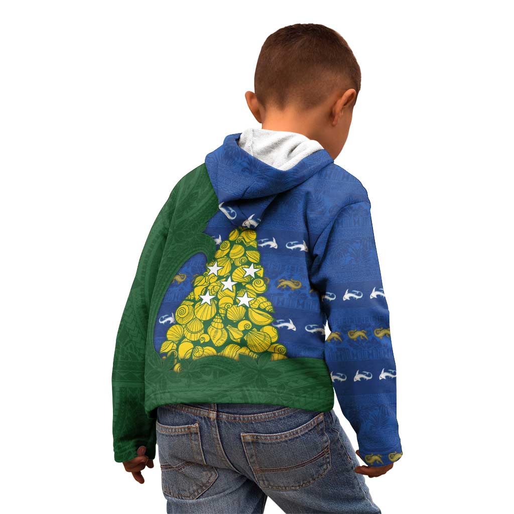 Solomon Islands Christmas Kid Hoodie Seashell Xmas Tree Tribal Waves - Polynesian Pride