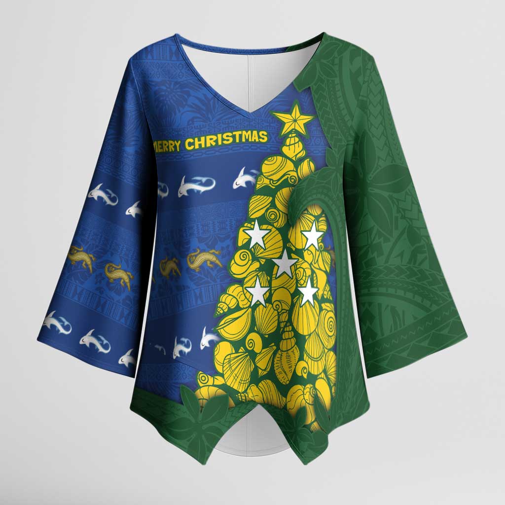 Solomon Islands Christmas Kimono Sleeve Blouse Seashell Xmas Tree Tribal Waves DT05 Female Navy - Polynesian Pride
