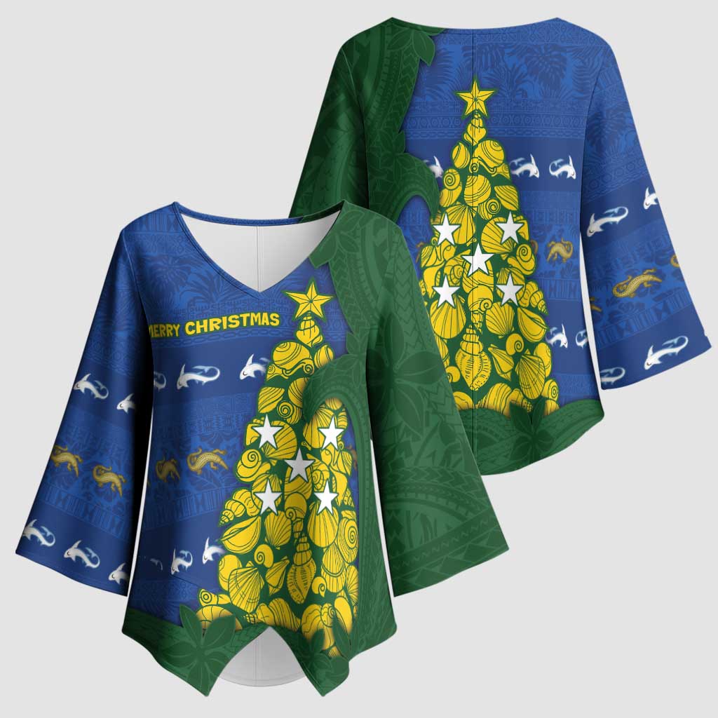 Solomon Islands Christmas Kimono Sleeve Blouse Seashell Xmas Tree Tribal Waves DT05 - Polynesian Pride
