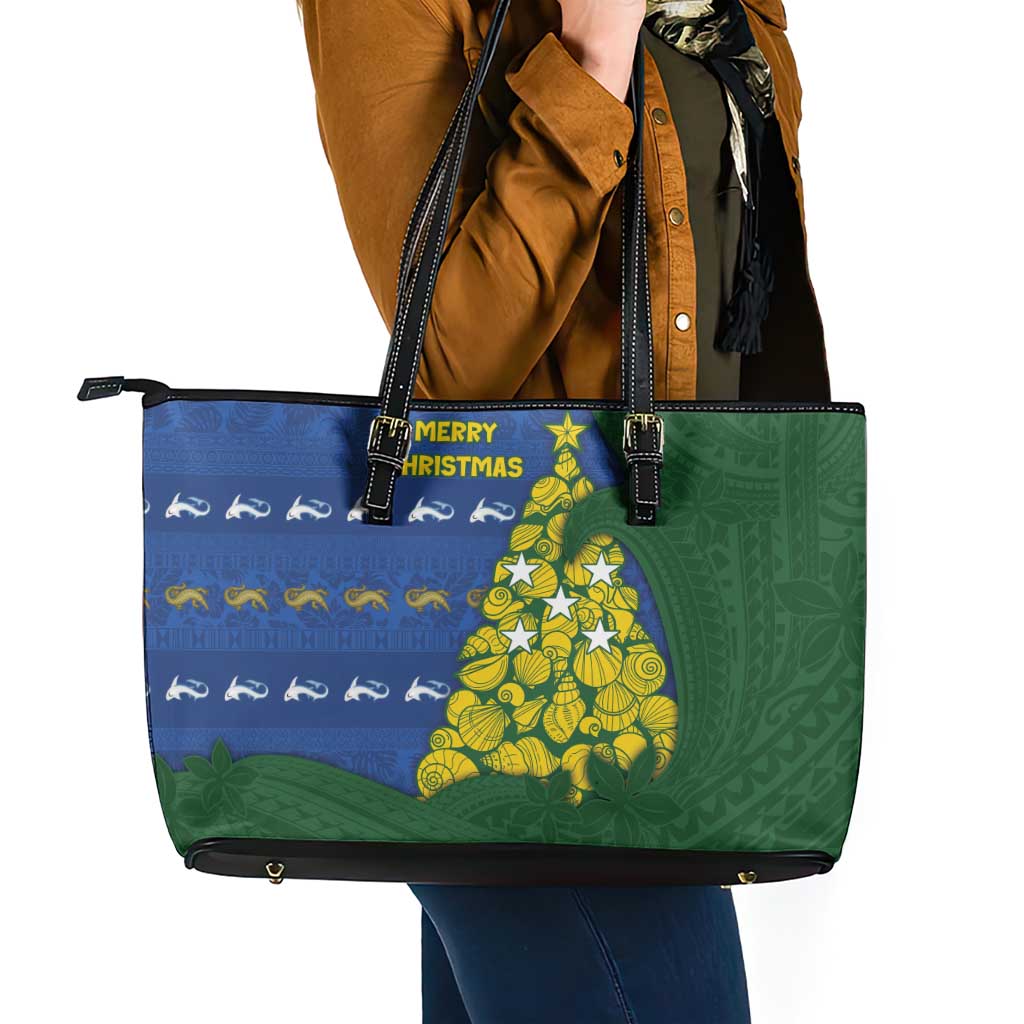 Solomon Islands Christmas Leather Tote Bag Seashell Xmas Tree Tribal Waves - Polynesian Pride