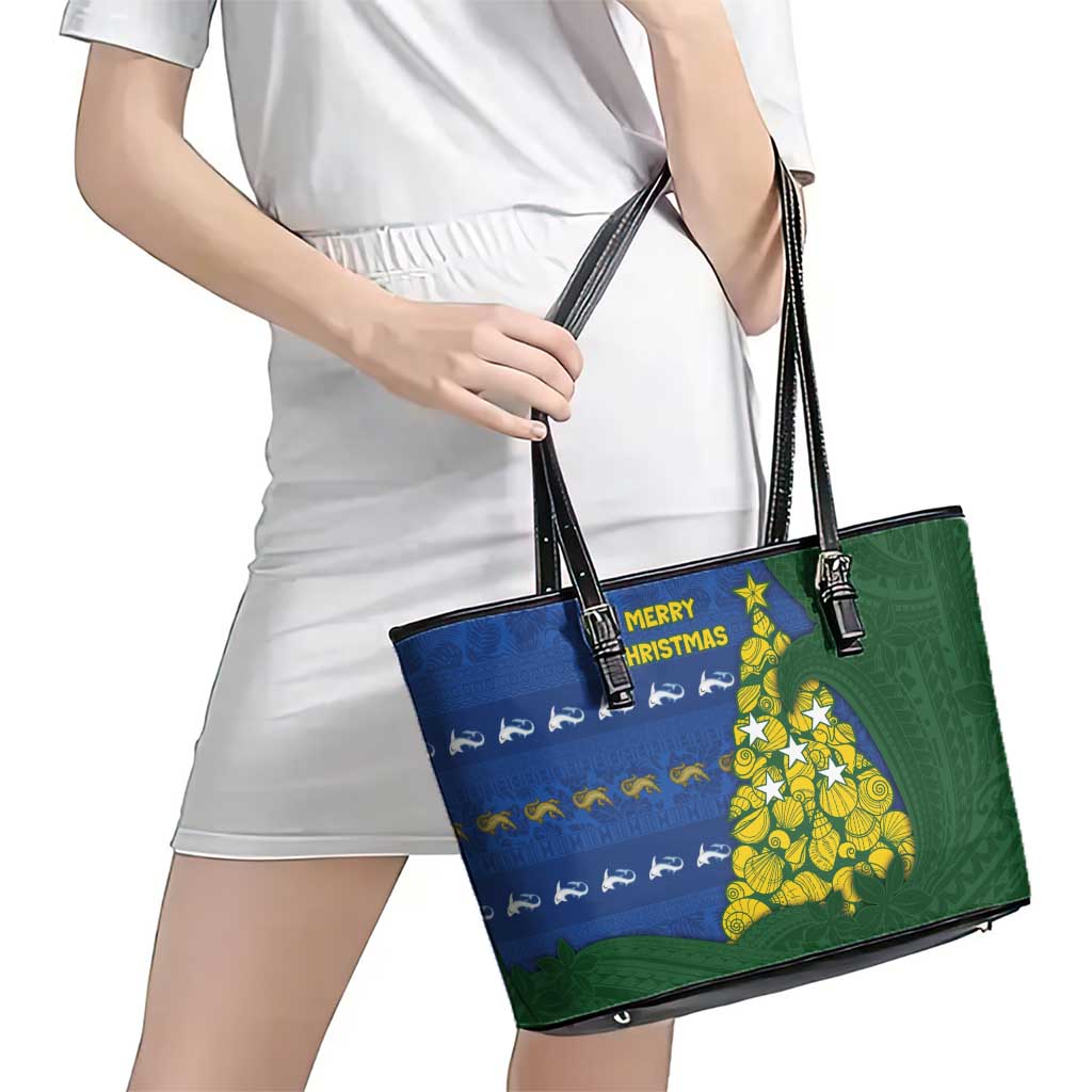 Solomon Islands Christmas Leather Tote Bag Seashell Xmas Tree Tribal Waves - Polynesian Pride