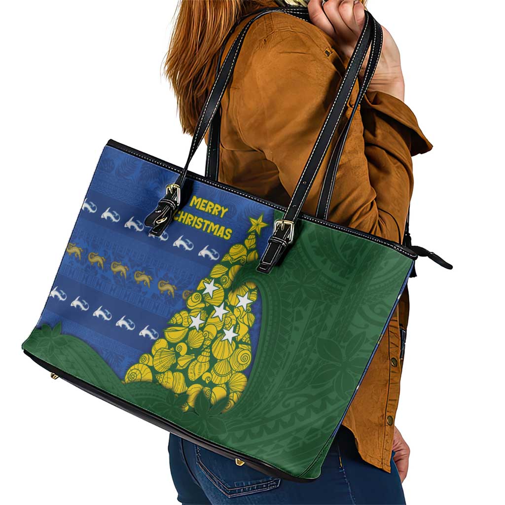 Solomon Islands Christmas Leather Tote Bag Seashell Xmas Tree Tribal Waves - Polynesian Pride
