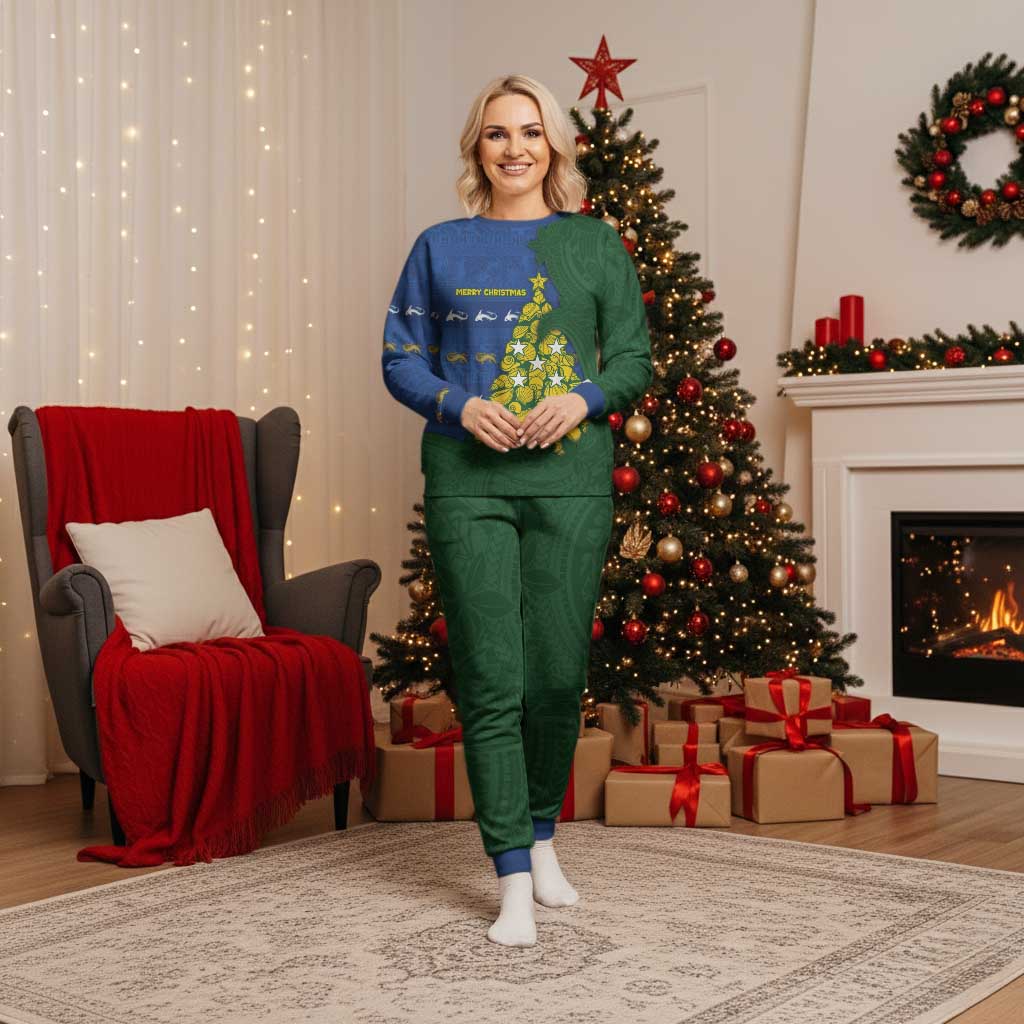 Solomon Islands Christmas Pajama Set Seashell Xmas Tree Tribal Waves - Polynesian Pride