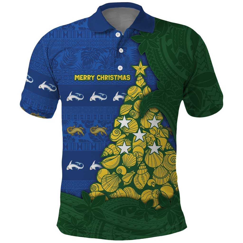 Solomon Islands Christmas Polo Shirt Seashell Xmas Tree Tribal Waves DT05 Navy - Polynesian Pride