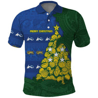 Solomon Islands Christmas Polo Shirt Seashell Xmas Tree Tribal Waves DT05 Navy - Polynesian Pride
