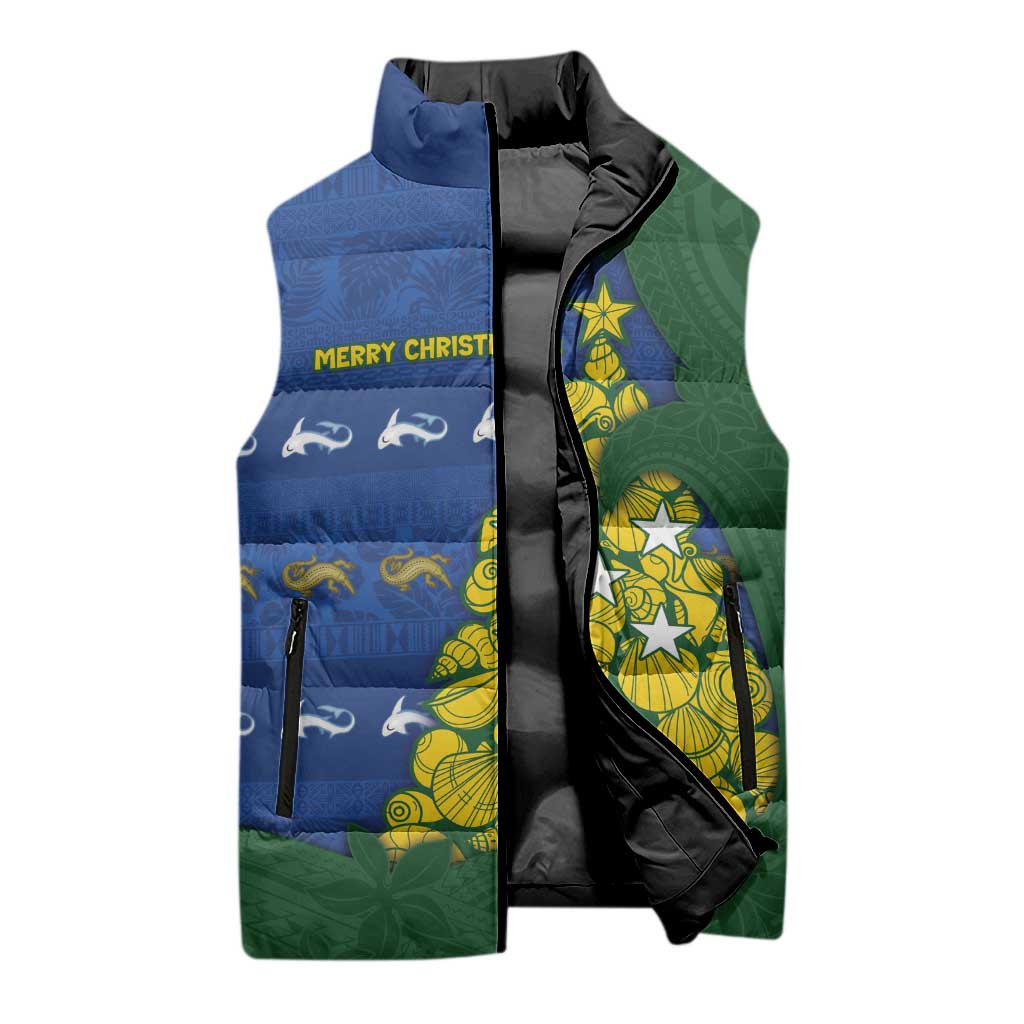 Solomon Islands Christmas Sleeveless Puffer Jacket Seashell Xmas Tree Tribal Waves - Polynesian Pride
