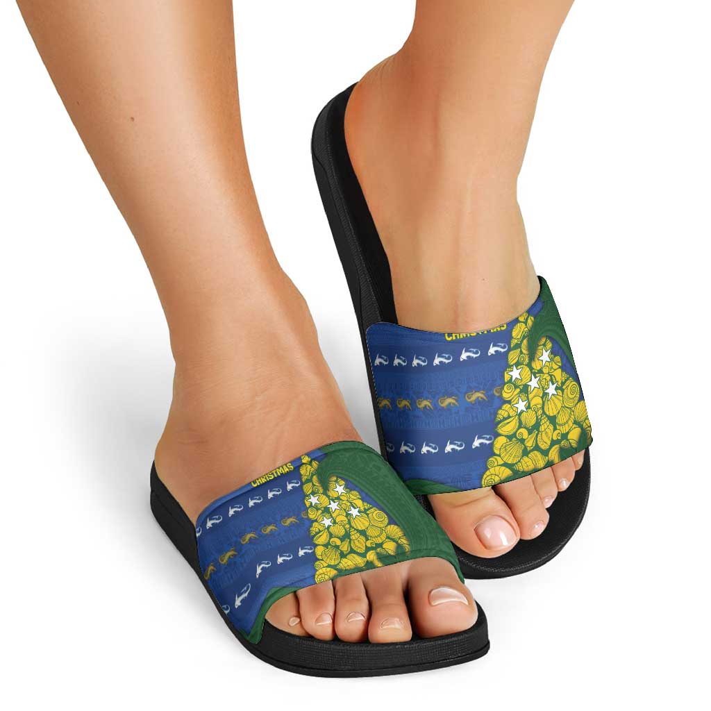 Solomon Islands Christmas Slide Sandals Seashell Xmas Tree Tribal Waves - Polynesian Pride