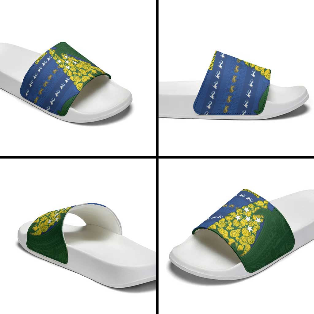 Solomon Islands Christmas Slide Sandals Seashell Xmas Tree Tribal Waves - Polynesian Pride