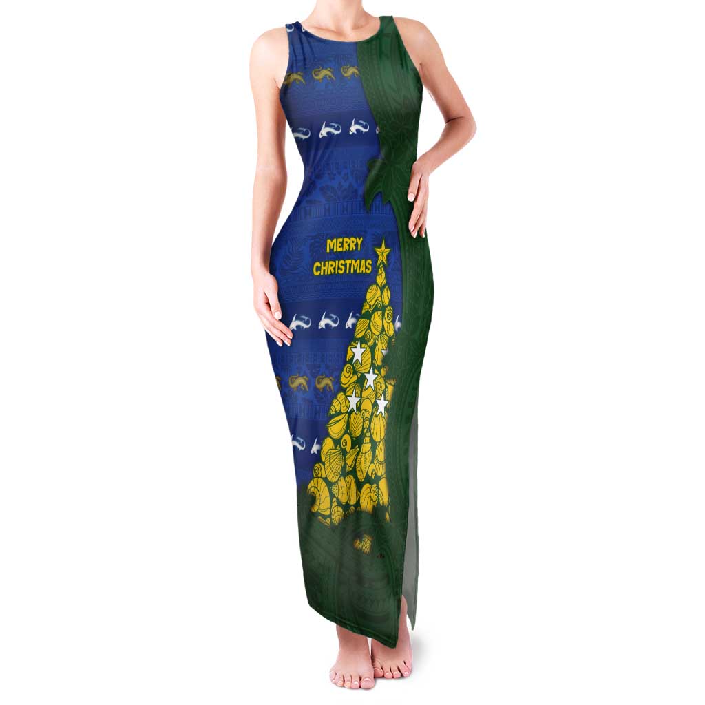 Solomon Islands Christmas Tank Maxi Dress Seashell Xmas Tree Tribal Waves - Polynesian Pride