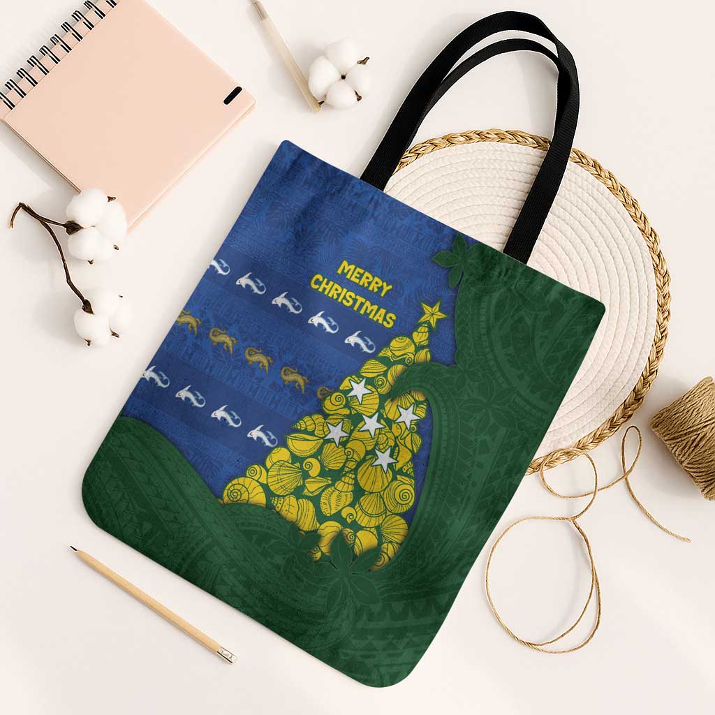 Solomon Islands Christmas Tote Bag Seashell Xmas Tree Tribal Waves - Polynesian Pride