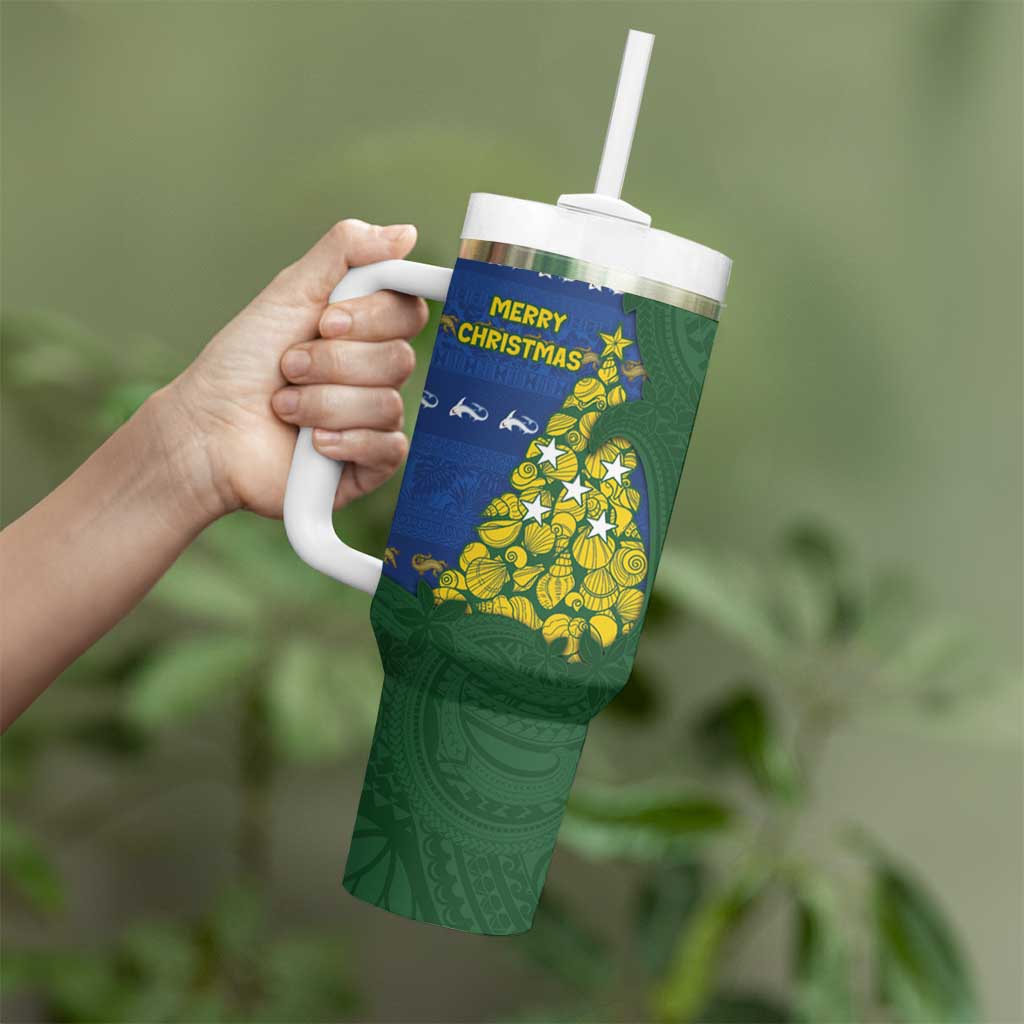 Solomon Islands Christmas Tumbler With Handle Seashell Xmas Tree Tribal Waves - Polynesian Pride