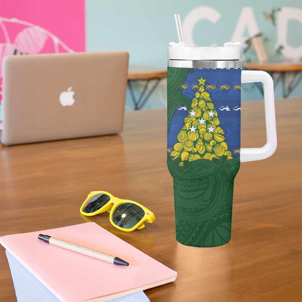 Solomon Islands Christmas Tumbler With Handle Seashell Xmas Tree Tribal Waves - Polynesian Pride